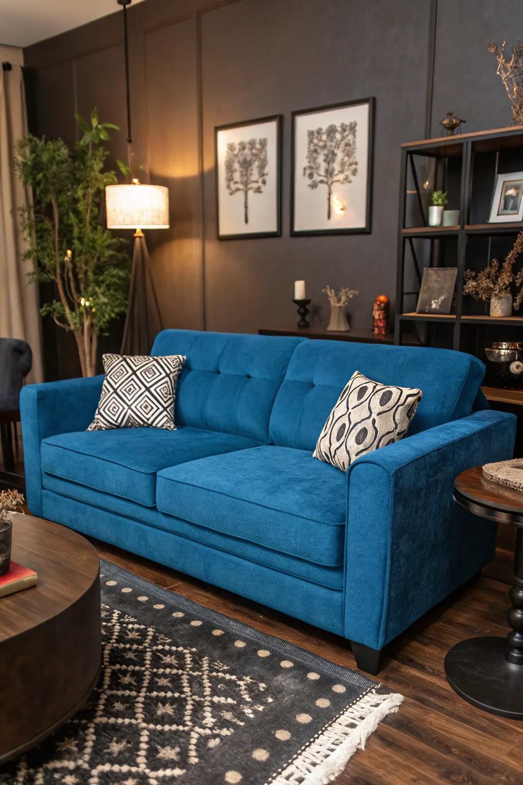 Dark accents contribute dimension and drama to the family room.