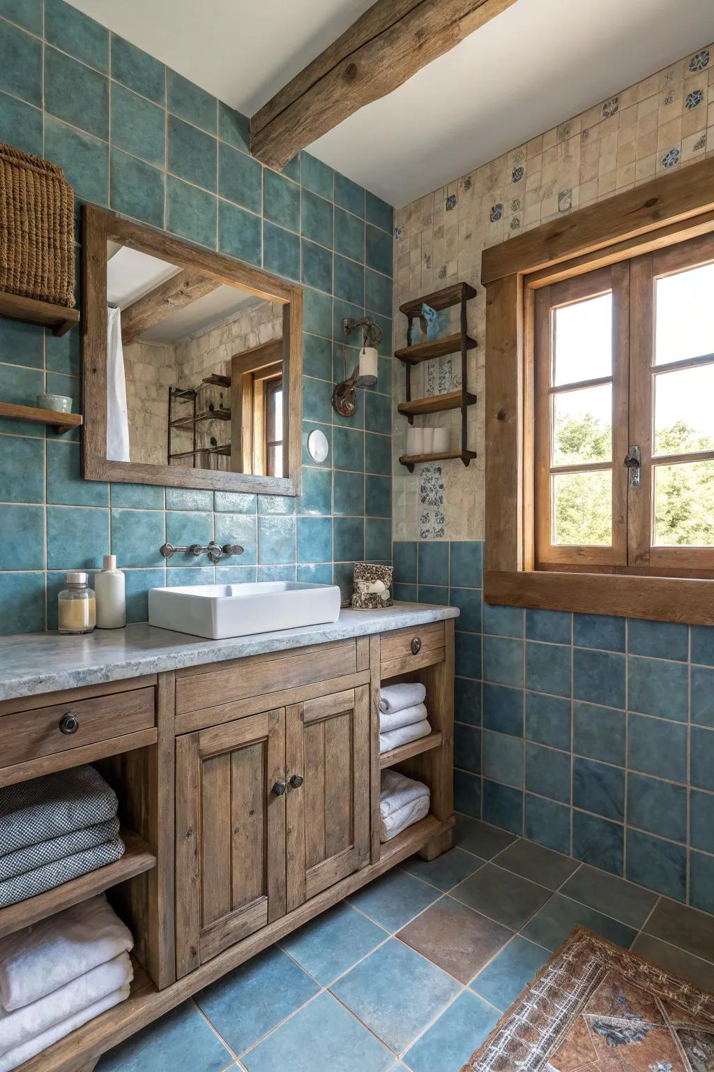 Weathered azure tiles contribute rustic warmth to your bathroom.