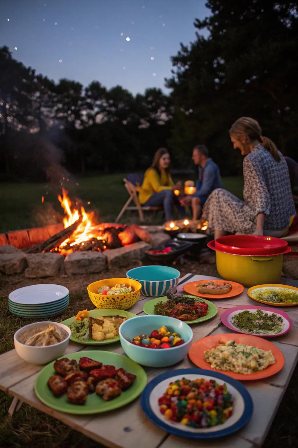 A collaborative potluck supper beside the bonfire.