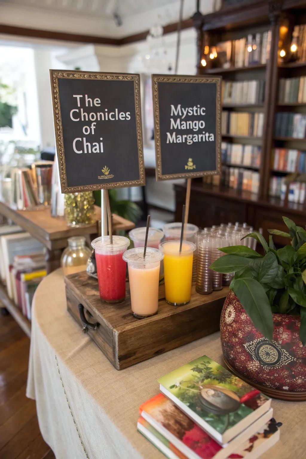 A drink center with beverages inspired by literature.