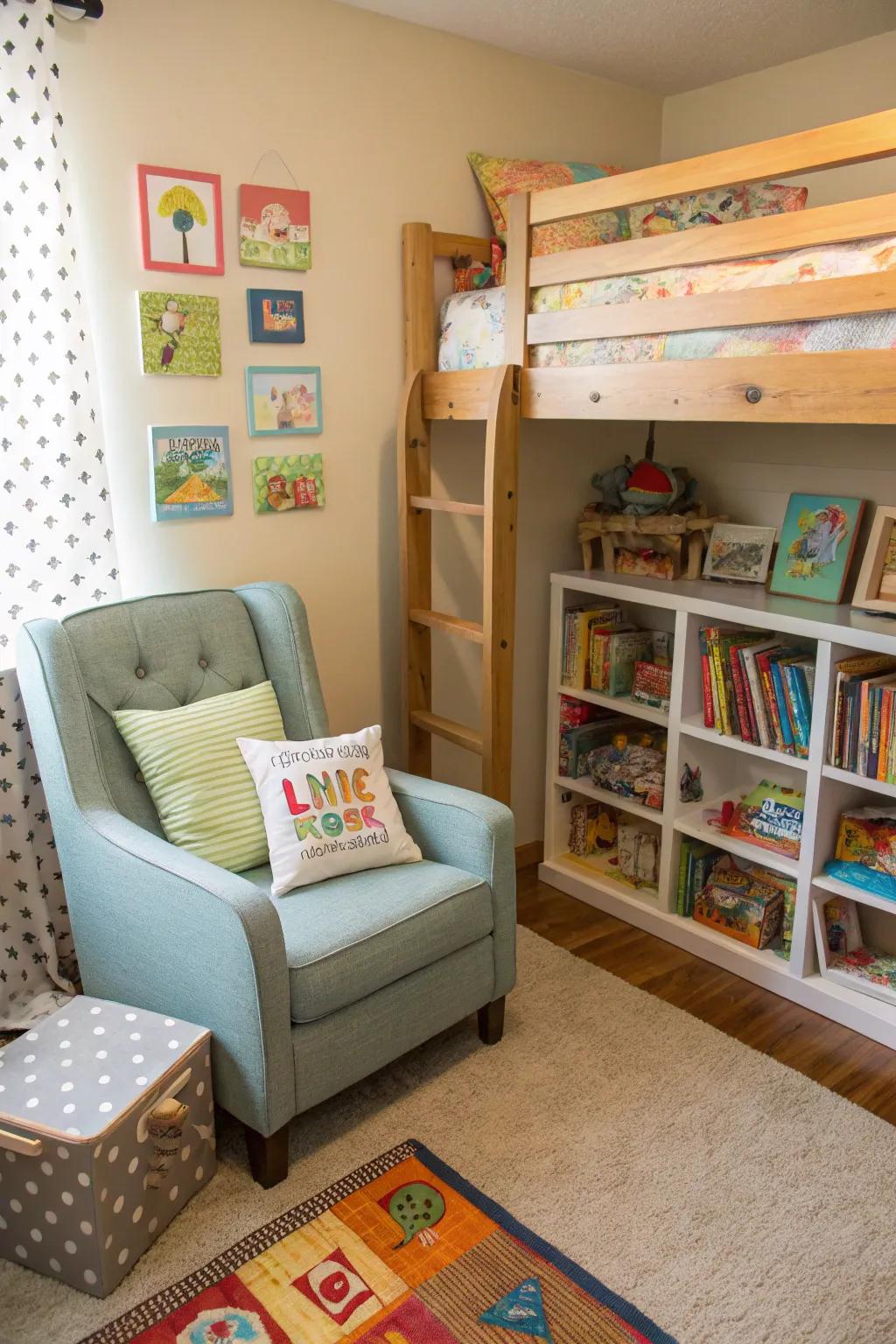 The shared space offers a quiet retreat in the form of a reading nook.