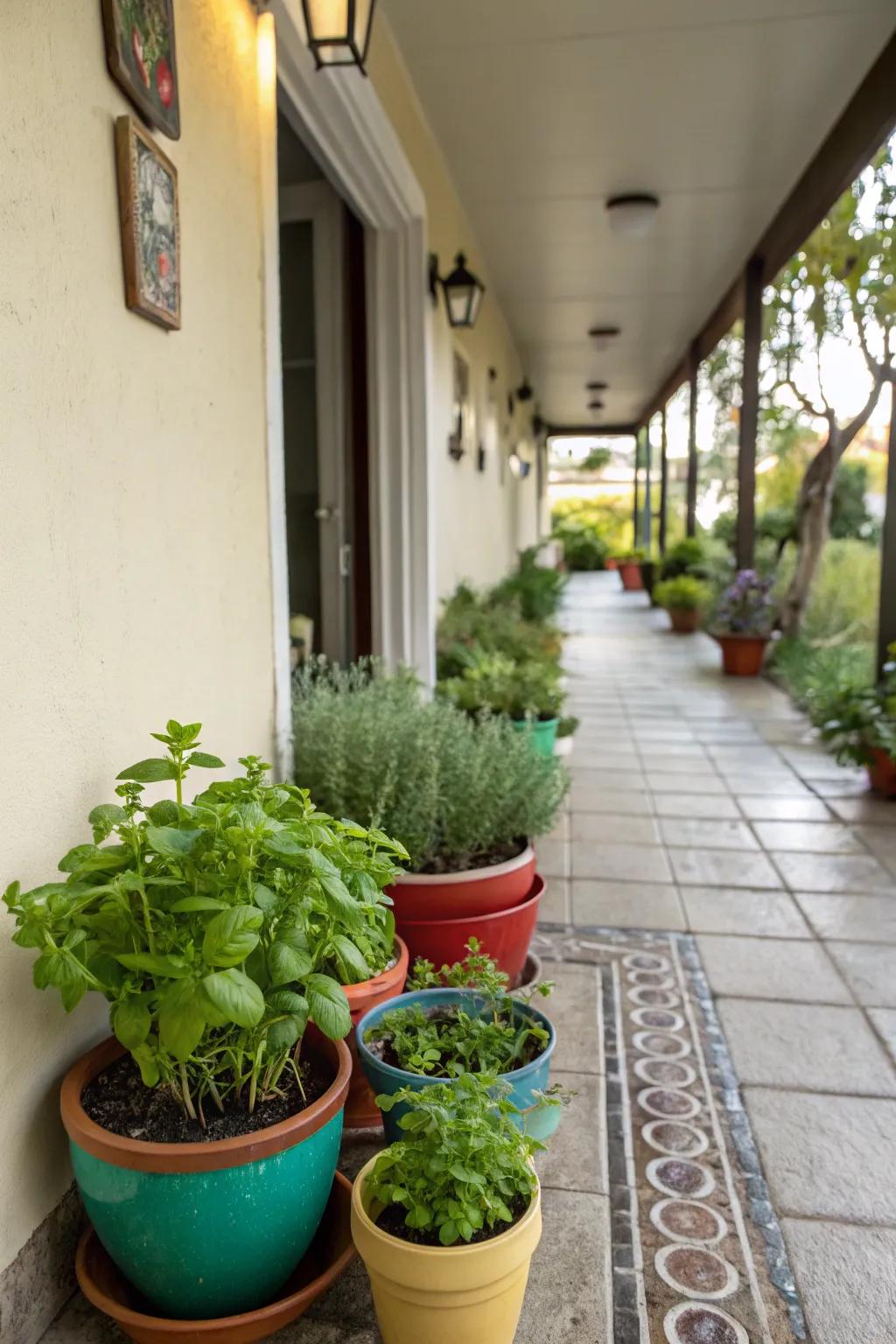 A handy mini spice garden that adds both beauty and function to the breezeway.