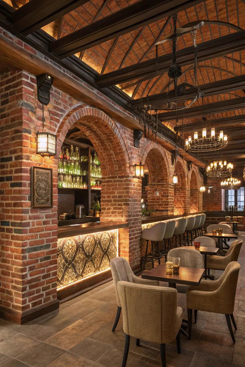 Architectural aspects highlight the sophistication of a brick wall bar.