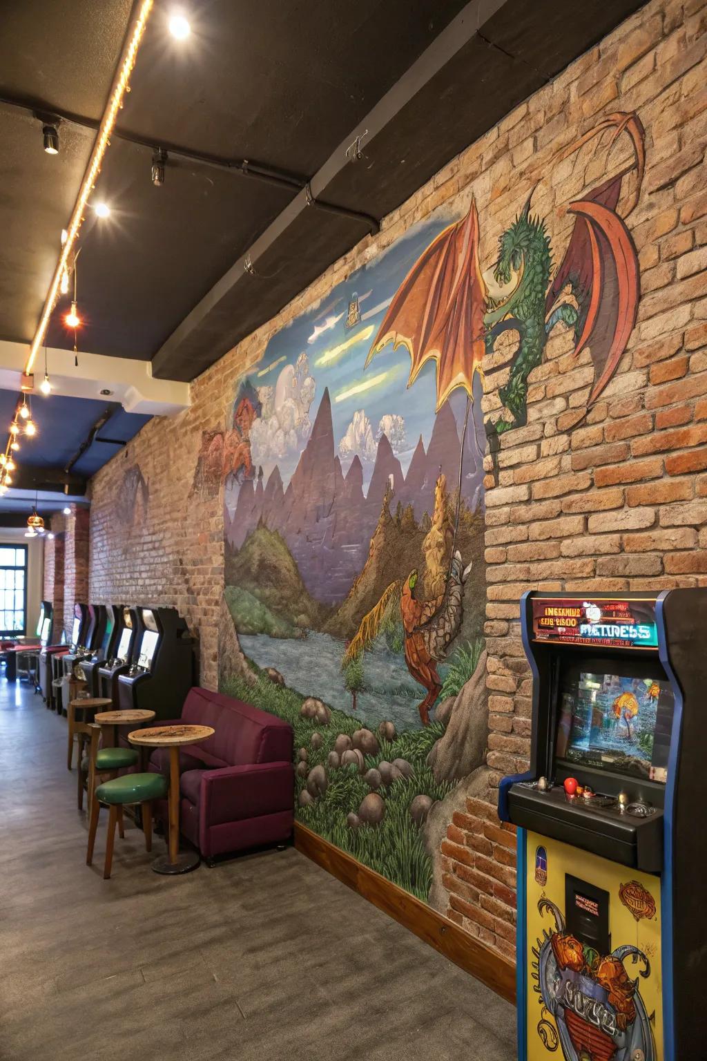 Dreamlike mural carries a brick wall towards another cosmos.