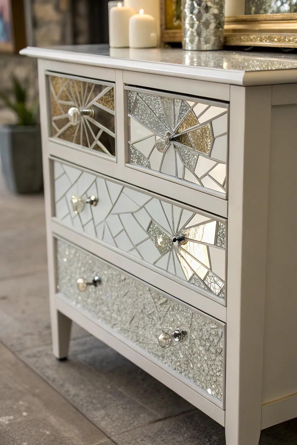 Mirrored furniture highlights lend shimmer and style.