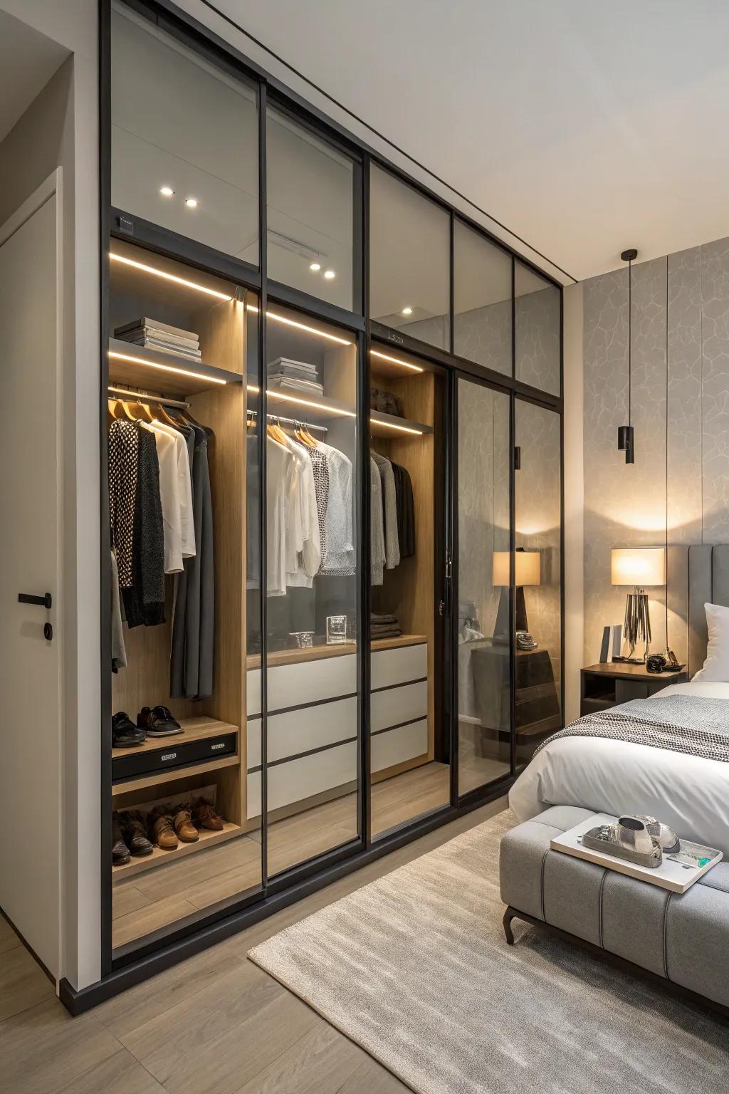 Glass walls elegantly distinguish spaces.