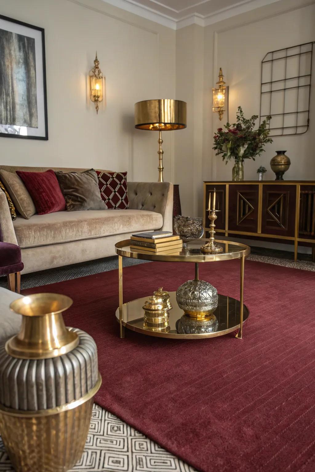 Metallic embellishments contribute a touch of glamour to a scarlet floor covering.