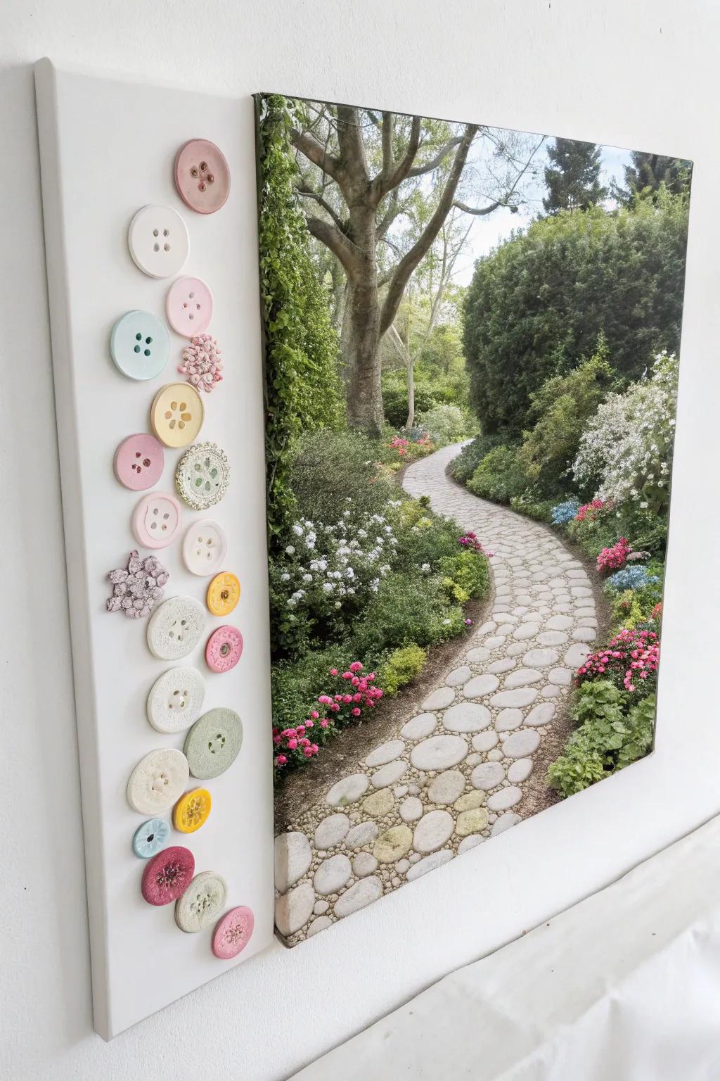 Wander through a whimsical button garden pathway, where ease blends with playful sophistication.