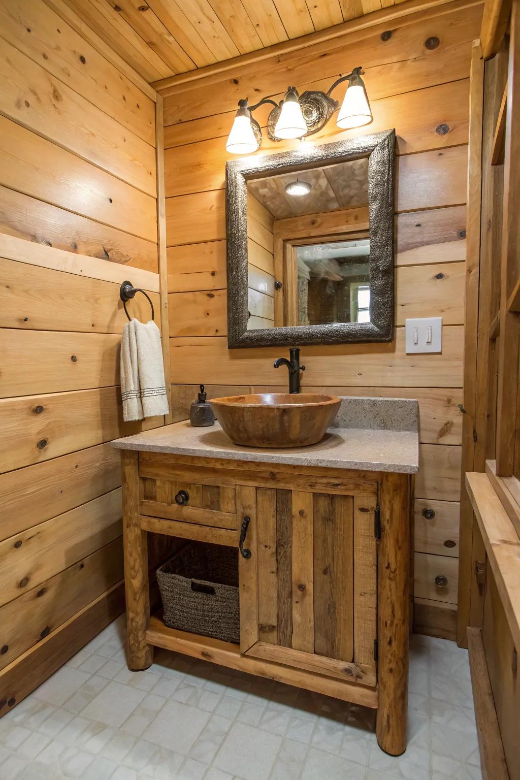 A log cabin washroom with a rustic vanity made out of reclaimed materials.