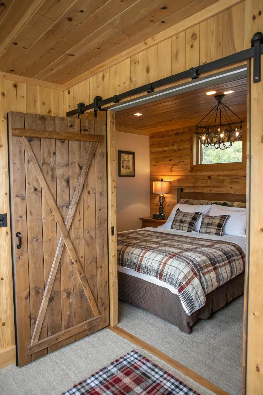 A cabin bedroom styled with moving barn doors.
