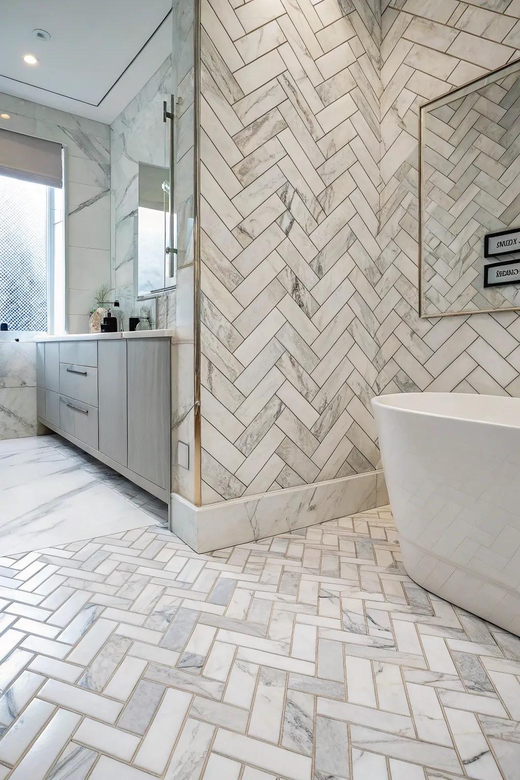 A visually interesting bathroom with an intricate herringbone pattern of Luminous Argento marble tiles.