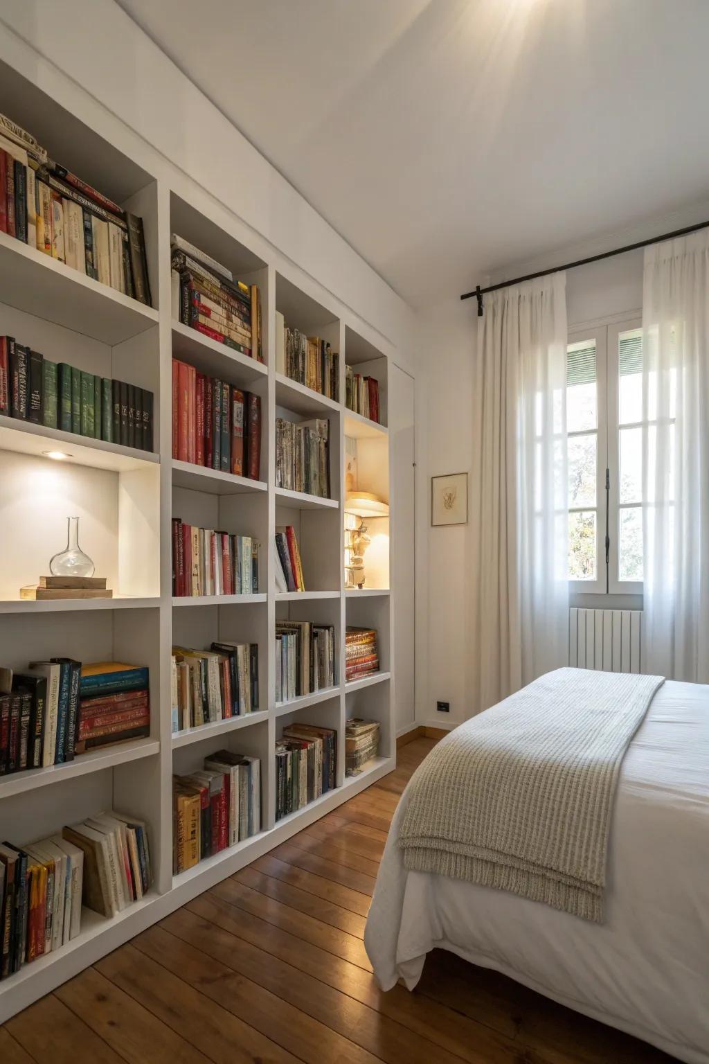 This bedroom features a bookshelf filled with design books and novels.