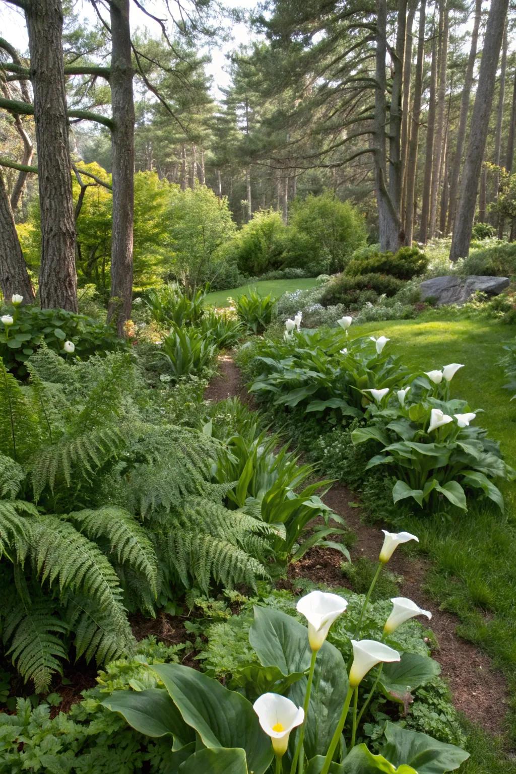 Calla lilies enhance the charm of a woodland garden panorama.
