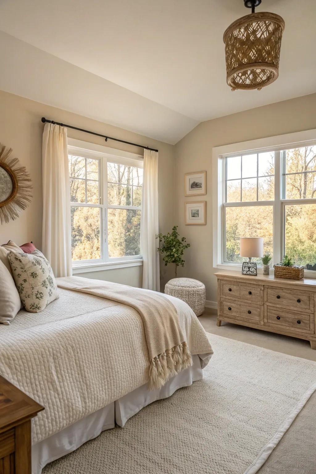 Light tan walls design a welcoming and airy feel.
