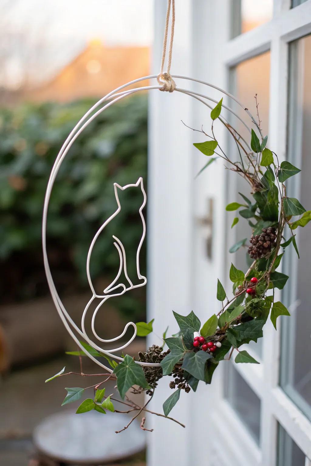 A minimalist feline outline wreath for a streamlined style.