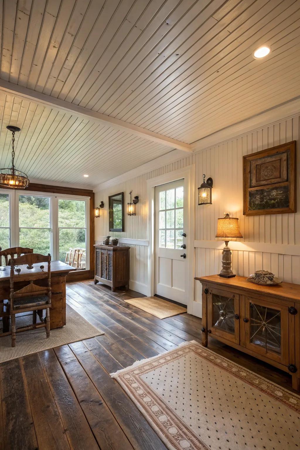 Grooved plank accents incorporate texture and allure to cottage-style spaces.