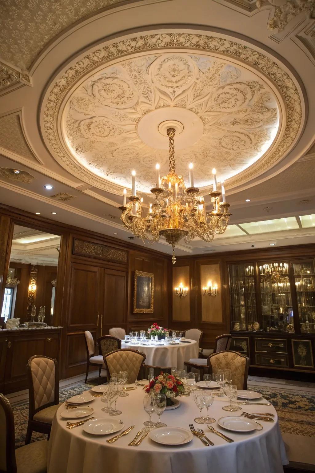 Ceiling decorations highlight light pieces and add a classic touch.