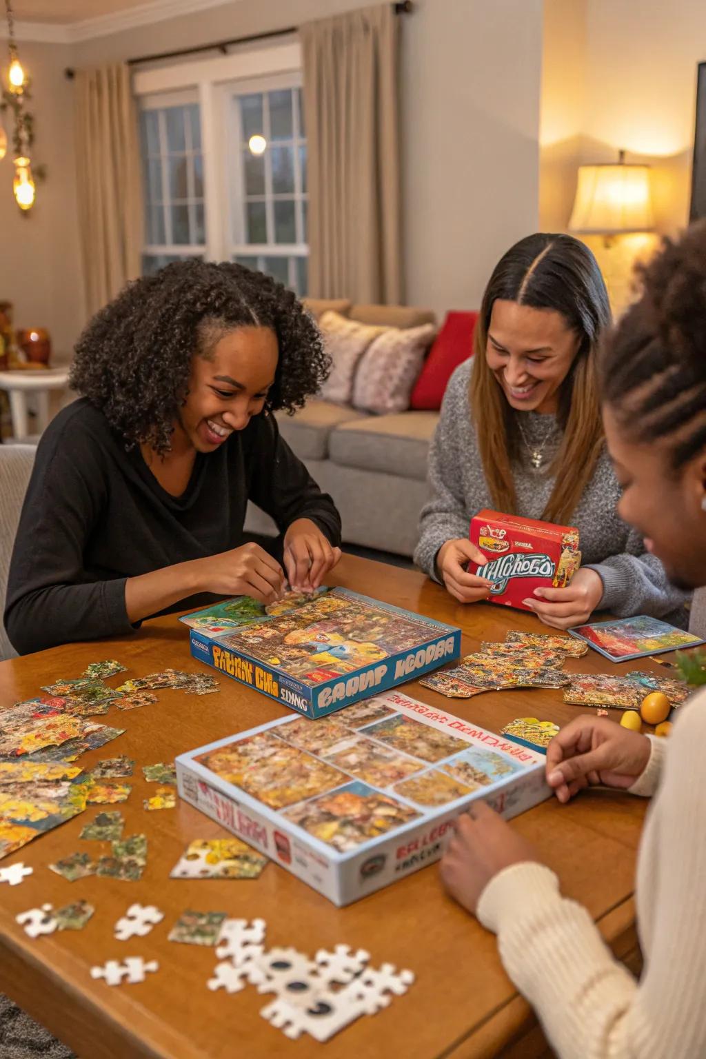 A table showcasing puzzle pieces of grains box images and guests engaged in playing.