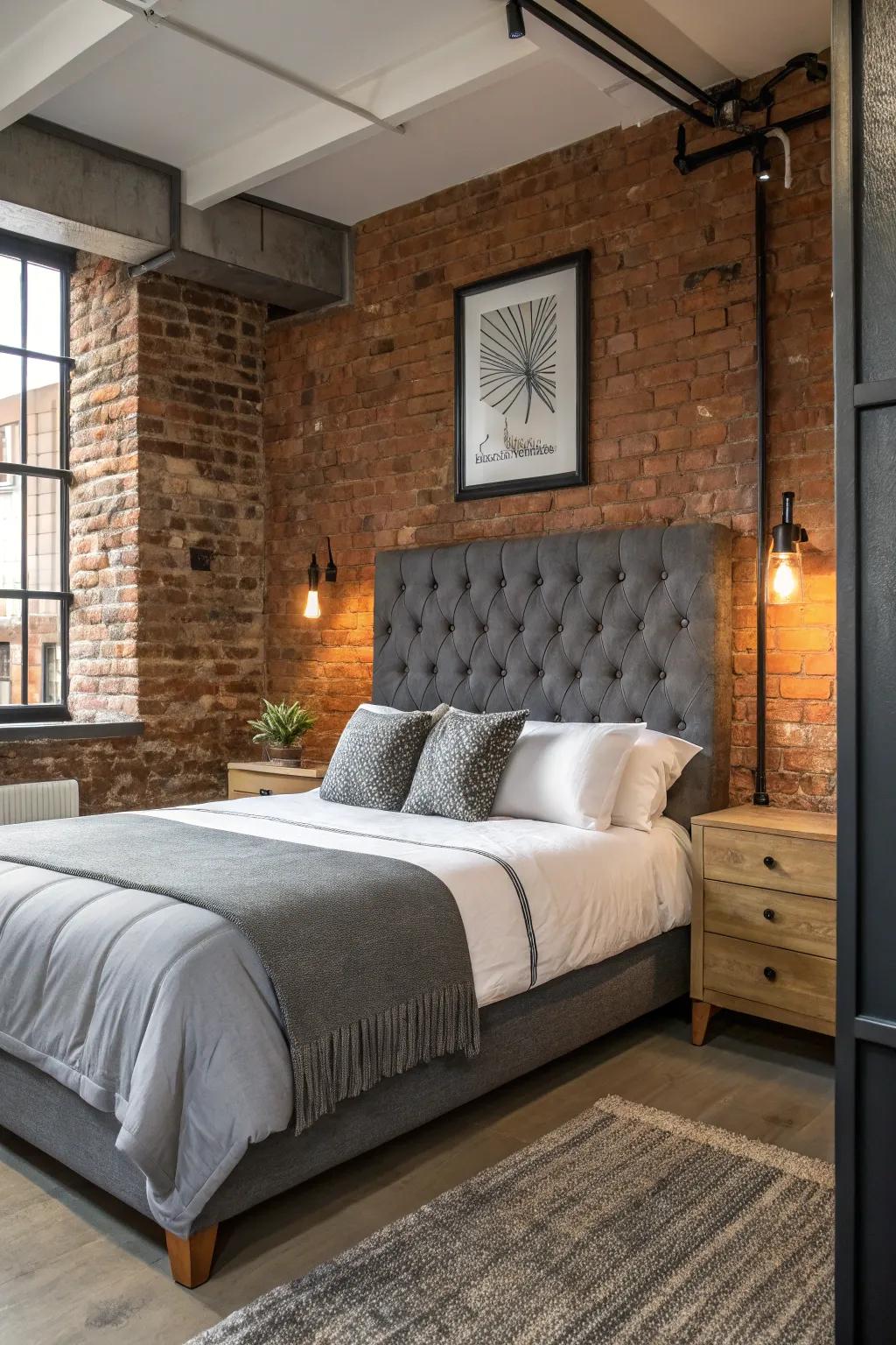 Factory components enhance the sharp look of a charcoal grey headboard.