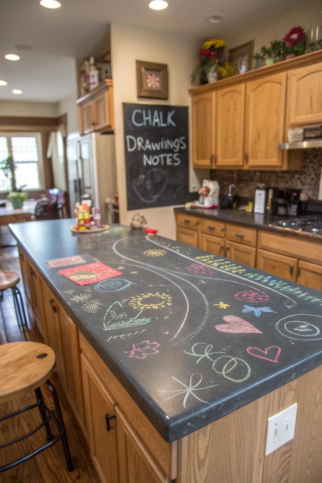An inventive kitchen featuring countertops painted with chalkboard paint.
