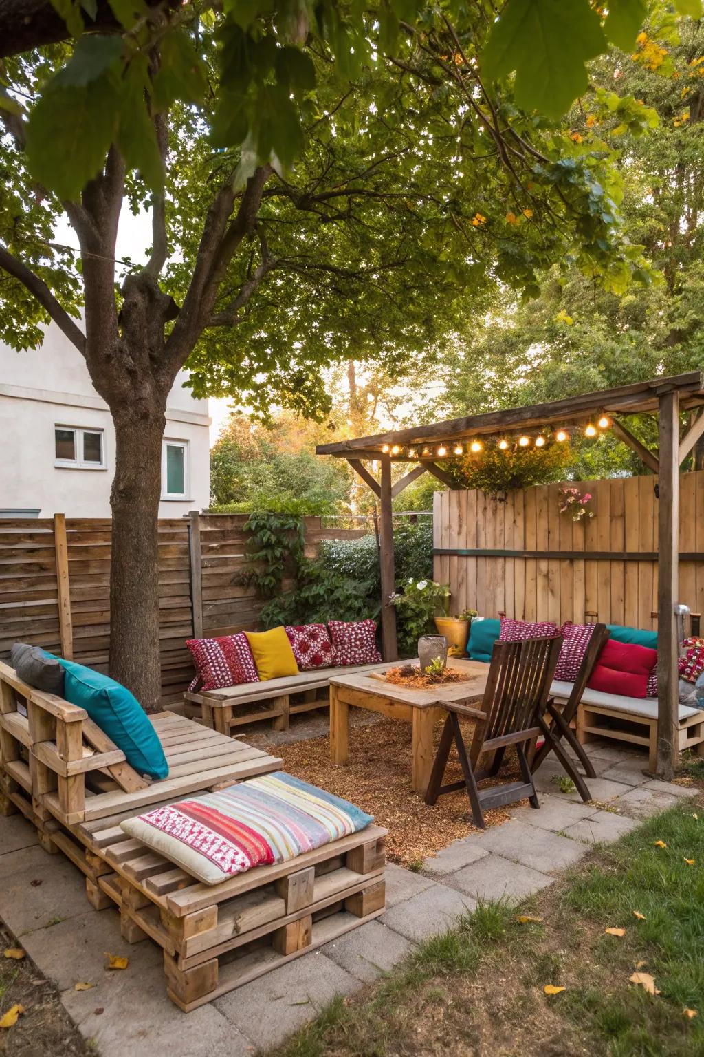 DIY skid furnishings add a personal and sustainable touch.