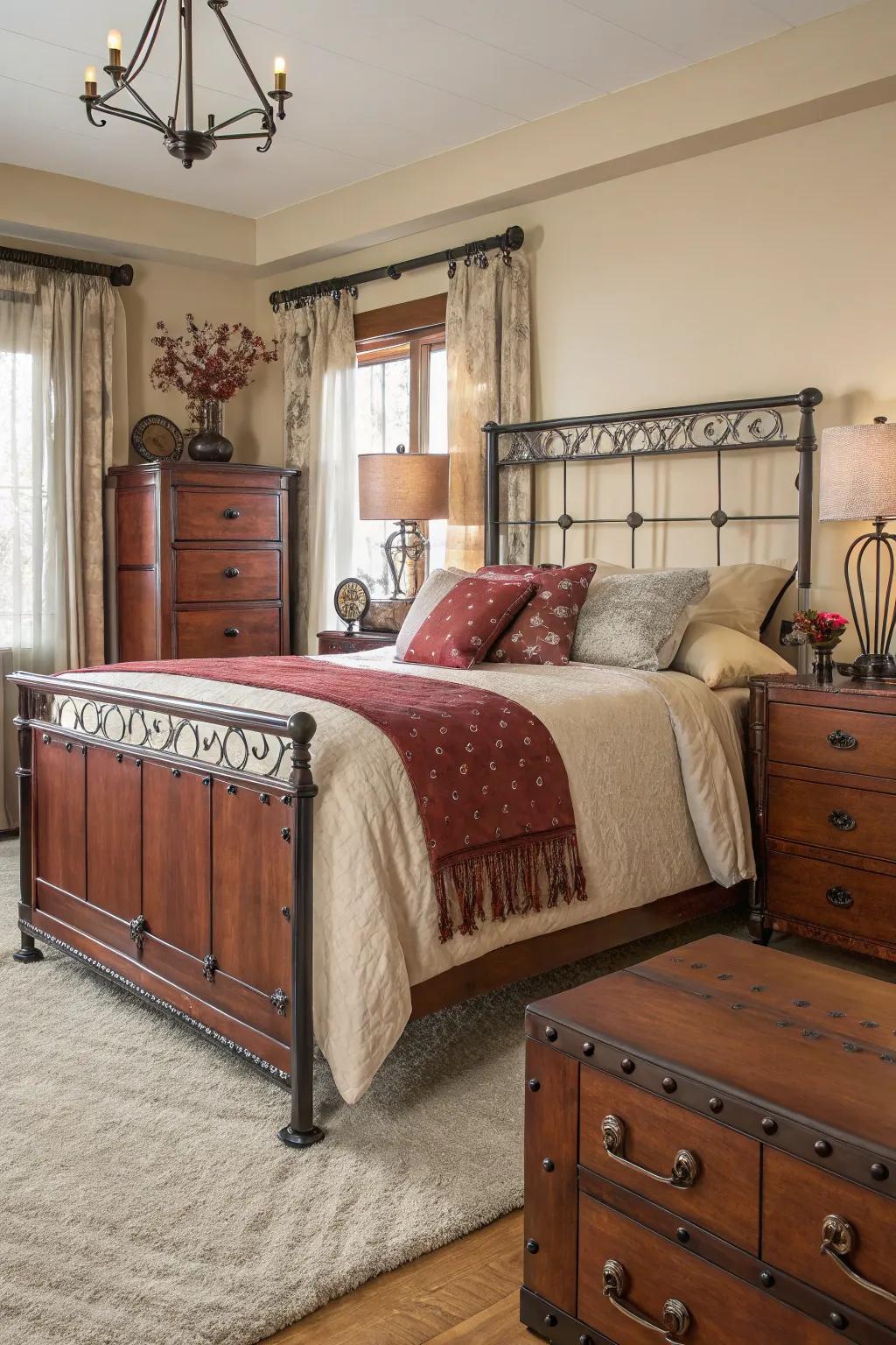 Polished metal accents introduce modern touches to mahogany based spaces.