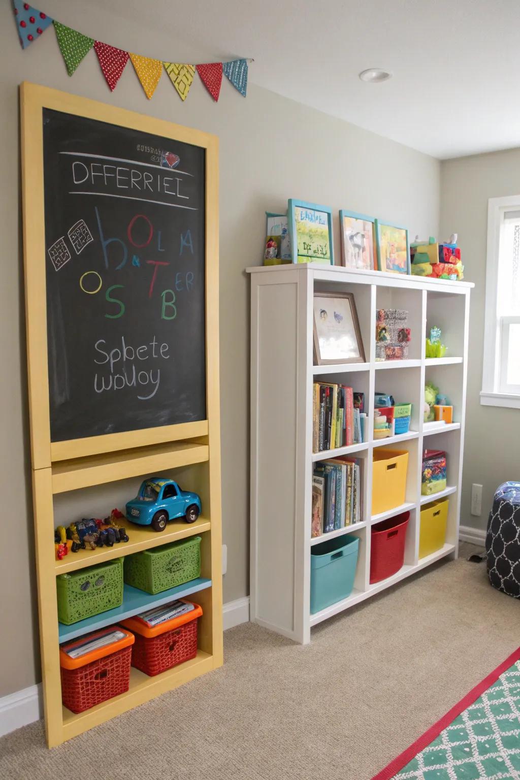 Engaging shelving combines storage with play.