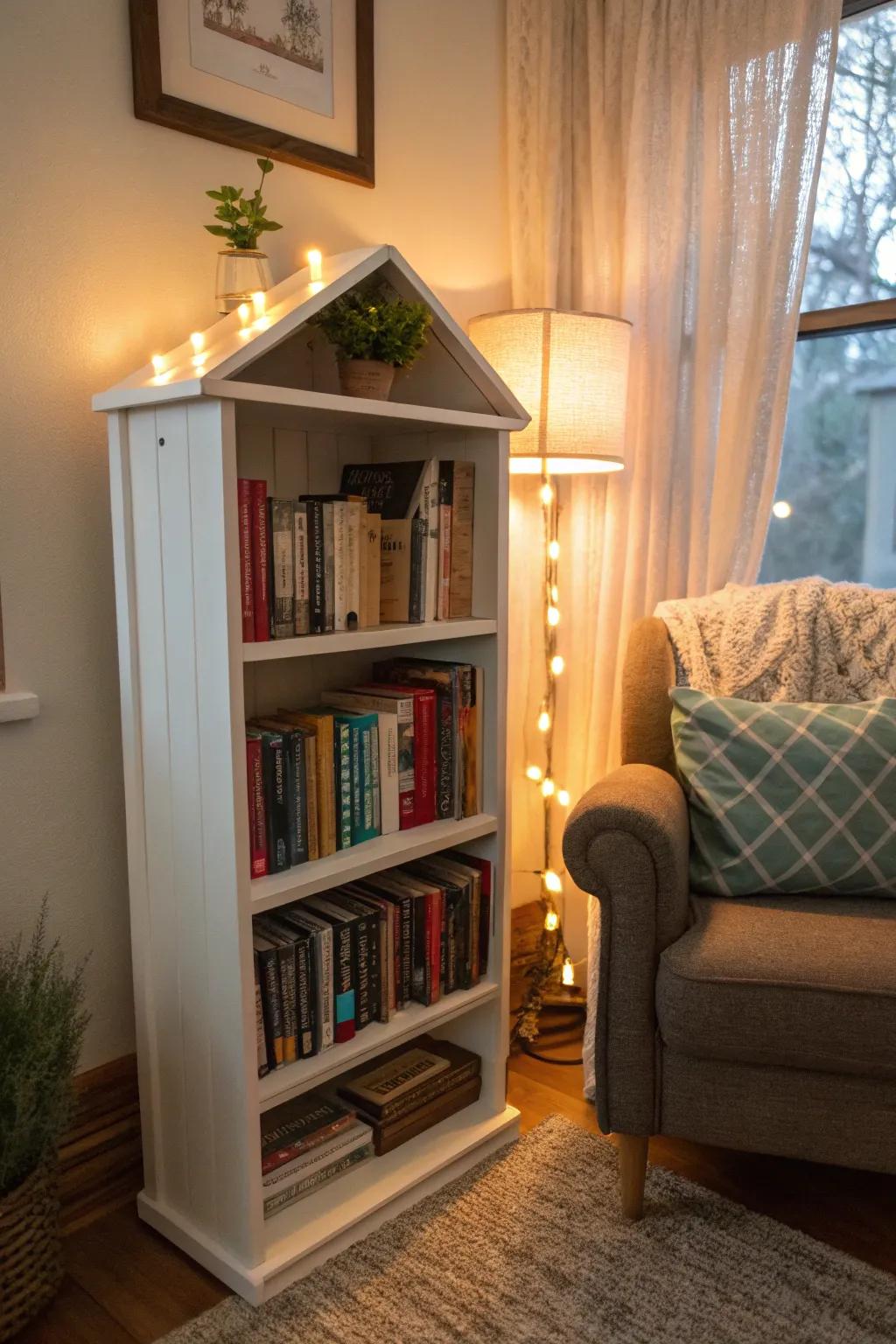 A mini library corner filled with favorite books and décor.