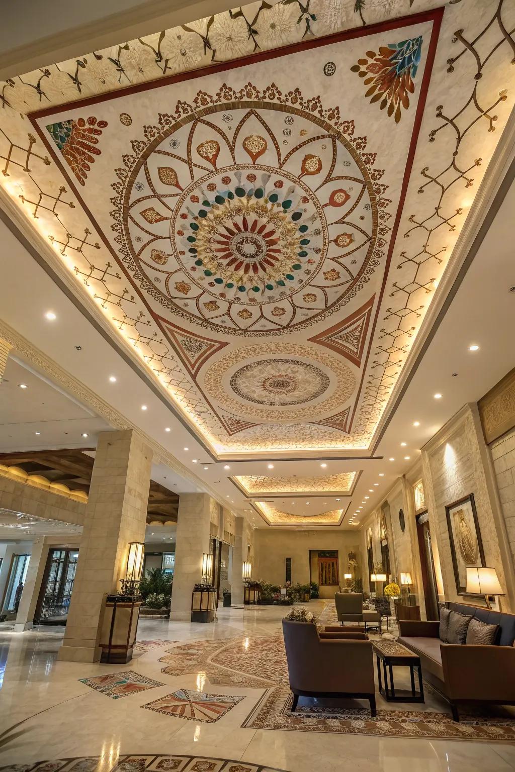 An artistic ceiling design drawing attention in the entrance hall.