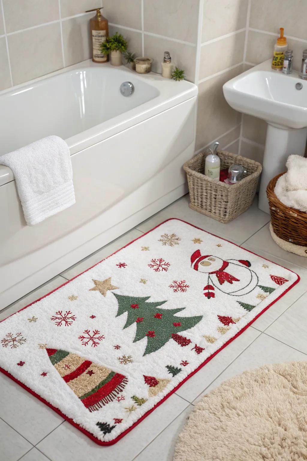 A decorative bath mat adds warmth and cheer to your bathroom.
