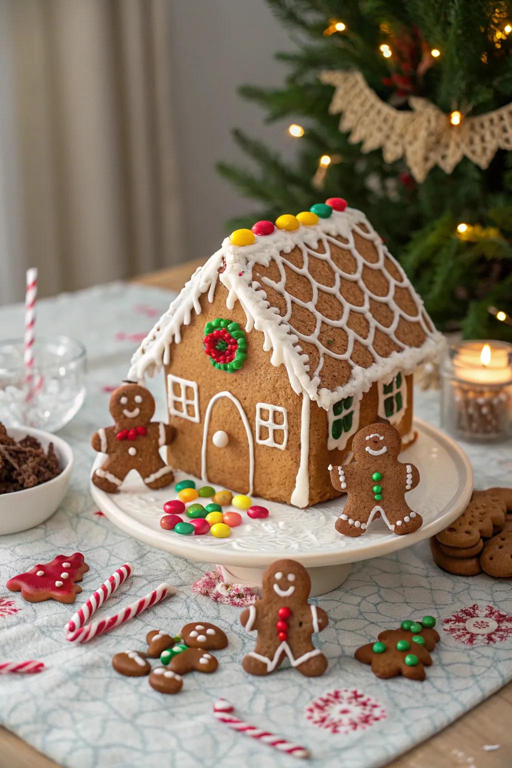 A gingerbread house adds charm to your table setup.