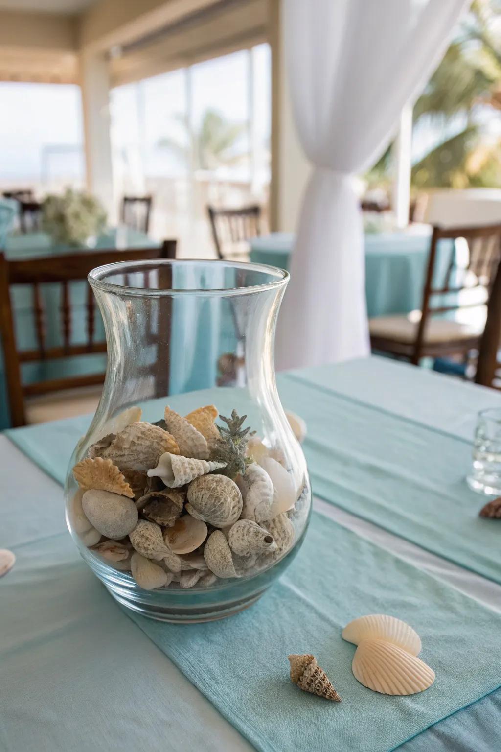 Coastal vibes: seashells infuse a serene and unanticipated twist.