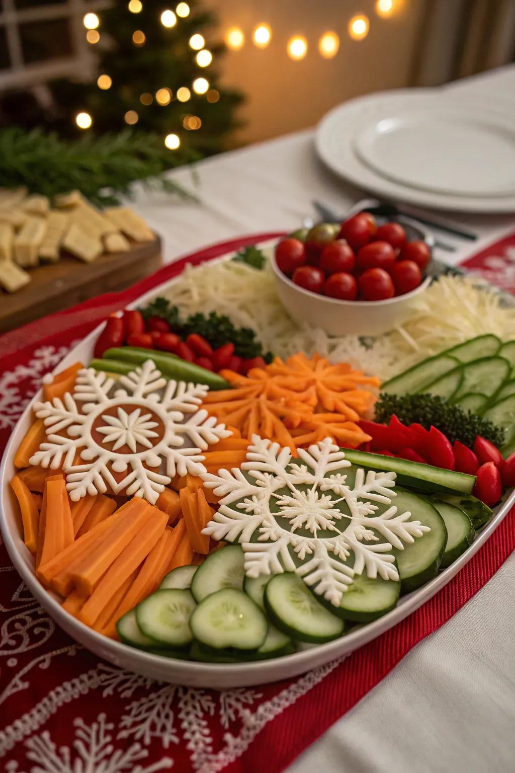 Intricate snowflake veggie patterns, adding a touch of seasonal elegance.