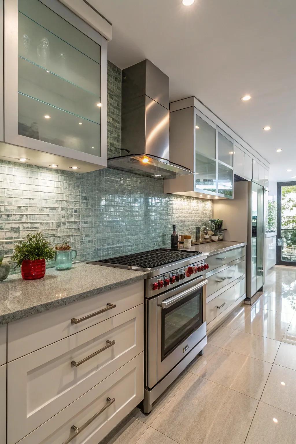 Clear tiles create a sleek and bright kitchen atmosphere.