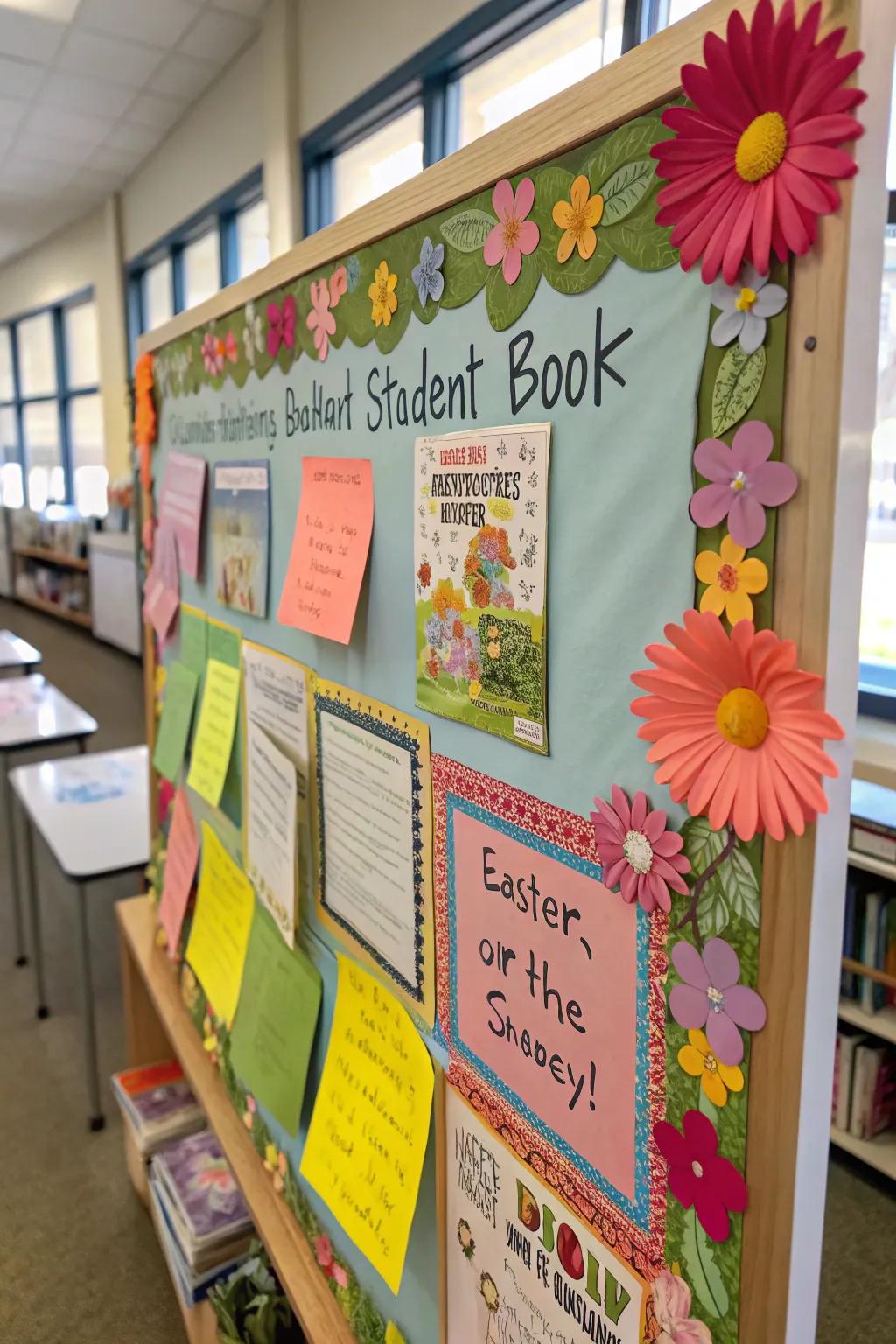A literary-themed bulletin board showcasing Easter and springtime novel jackets.