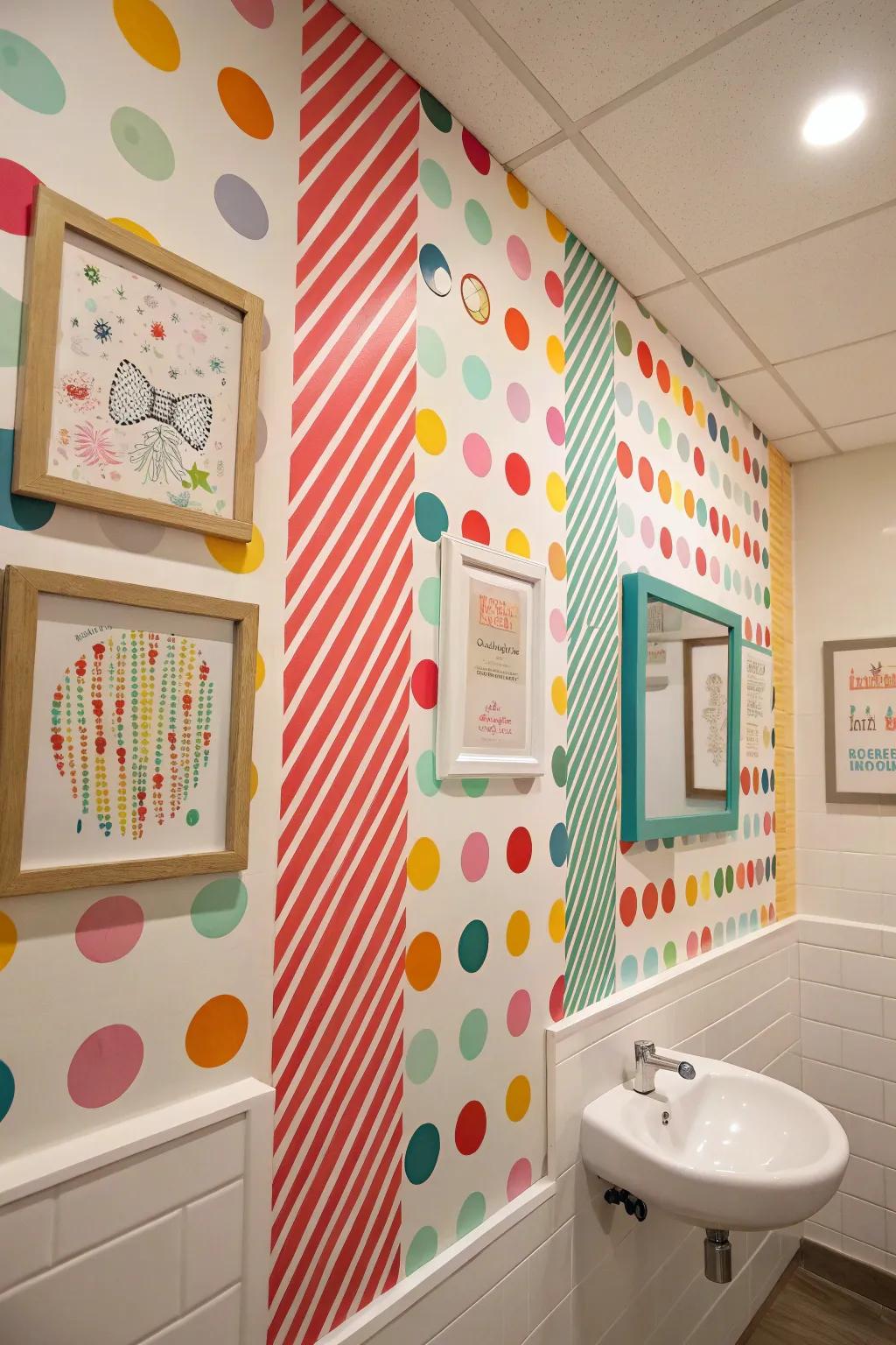 A bathroom wall made lively with fun patterned art, adding cheer and energy.