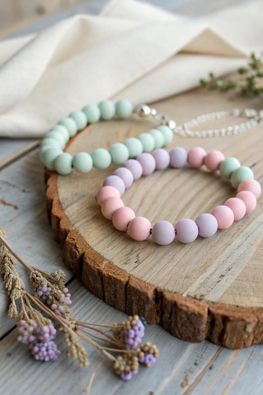 Embrace the softness of spring with this pastel dream clay bead bracelet, where simplicity meets elegance.