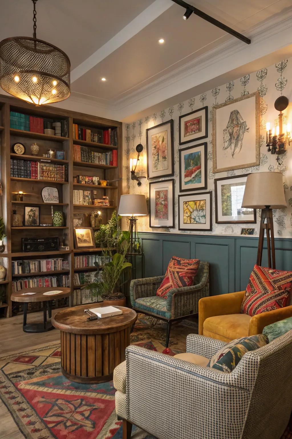 Eclectic decor injecting a distinctive touch across a clubhouse.