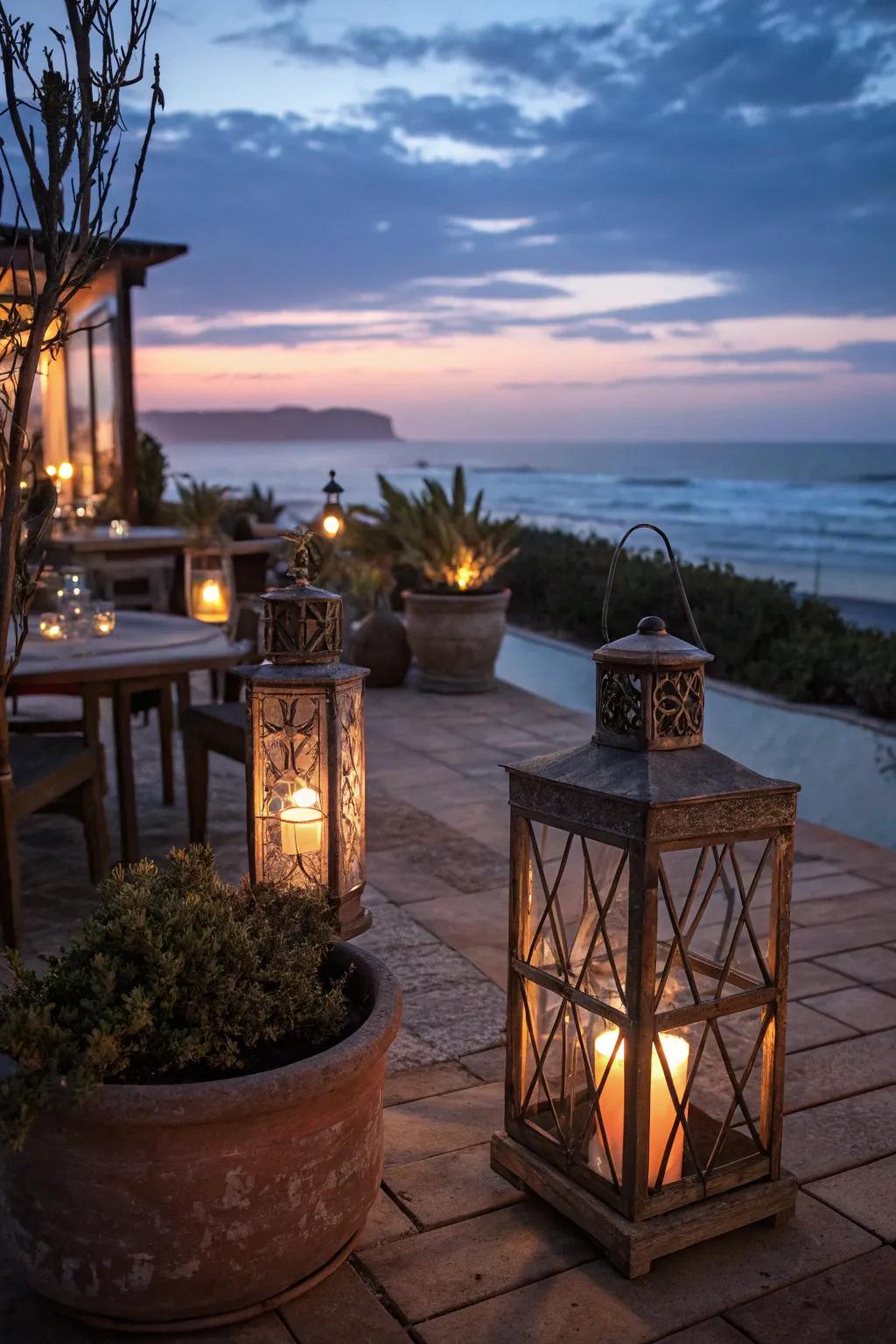 Earthtone metal lanterns create a cozy glow for outdoor spaces.