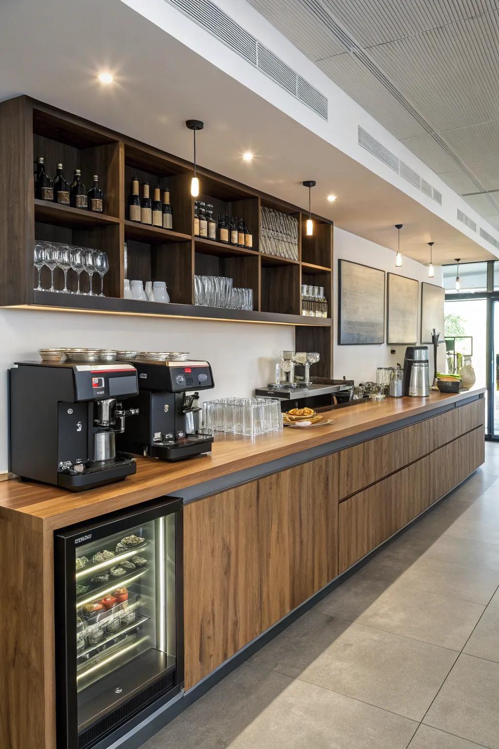 Hidden storage maintains the coffee bar neat.