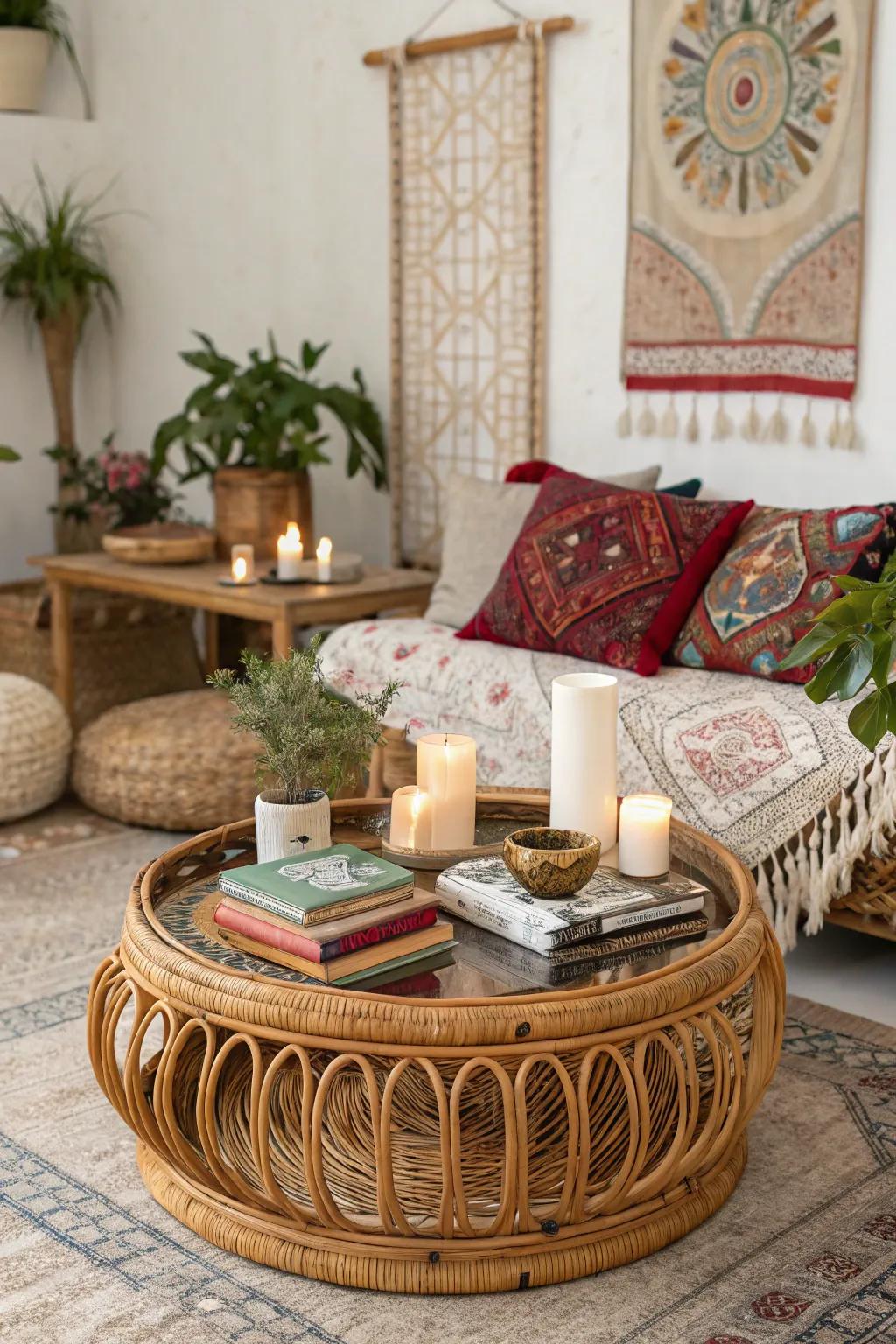 Rattan and wicker impart warmth and texture for a cozy vibe.