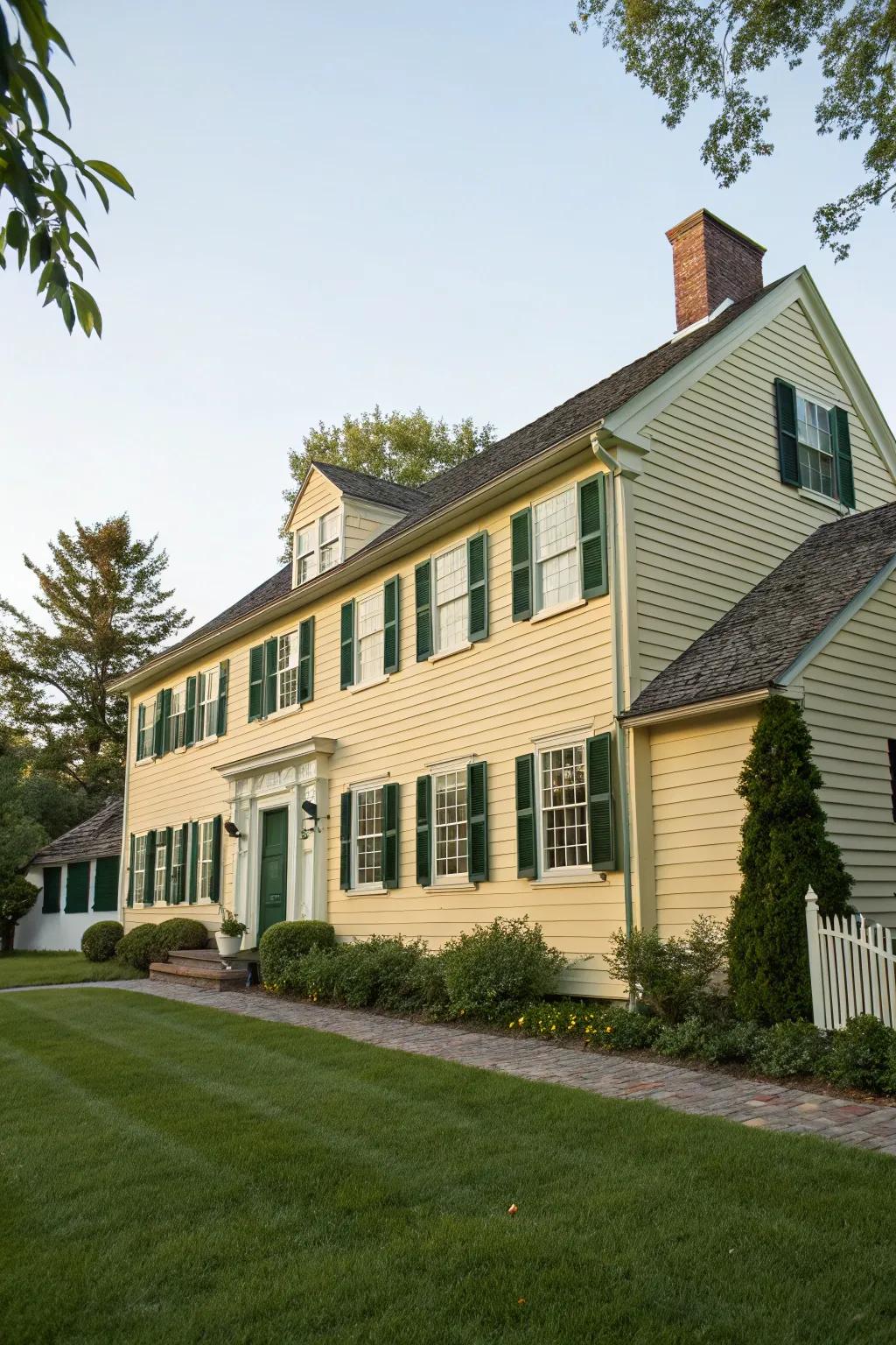 A warm and inviting colonial house with a light amber facade and deep verdant window coverings.
