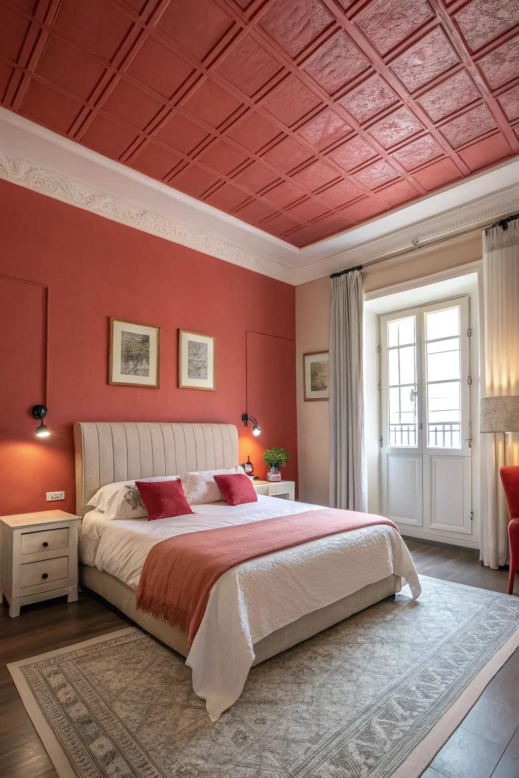 A striking ceiling choice adds a sense of enclosure and unity to this bedroom.