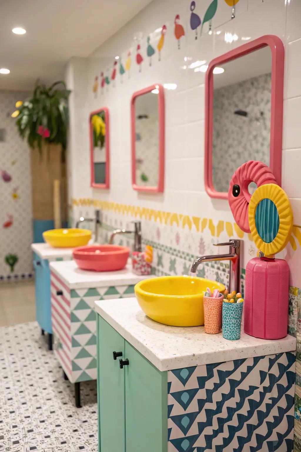 Multi-Colored elements inject a playful element into this guest bathroom.
