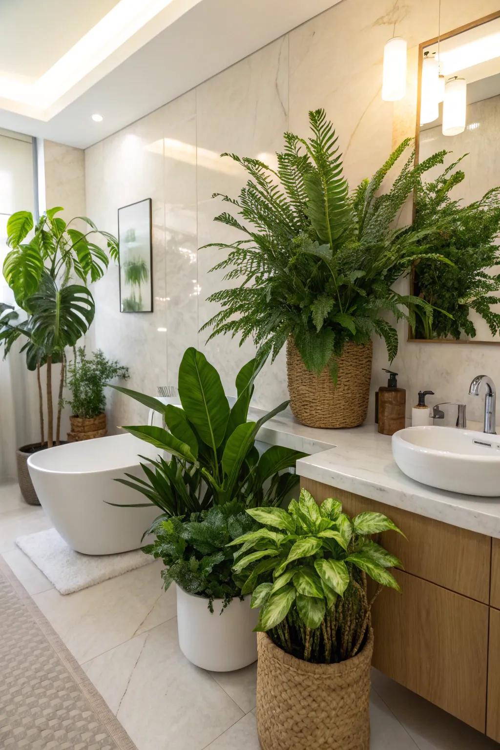 Bathroom with vibrant verdure adding life and freshness.