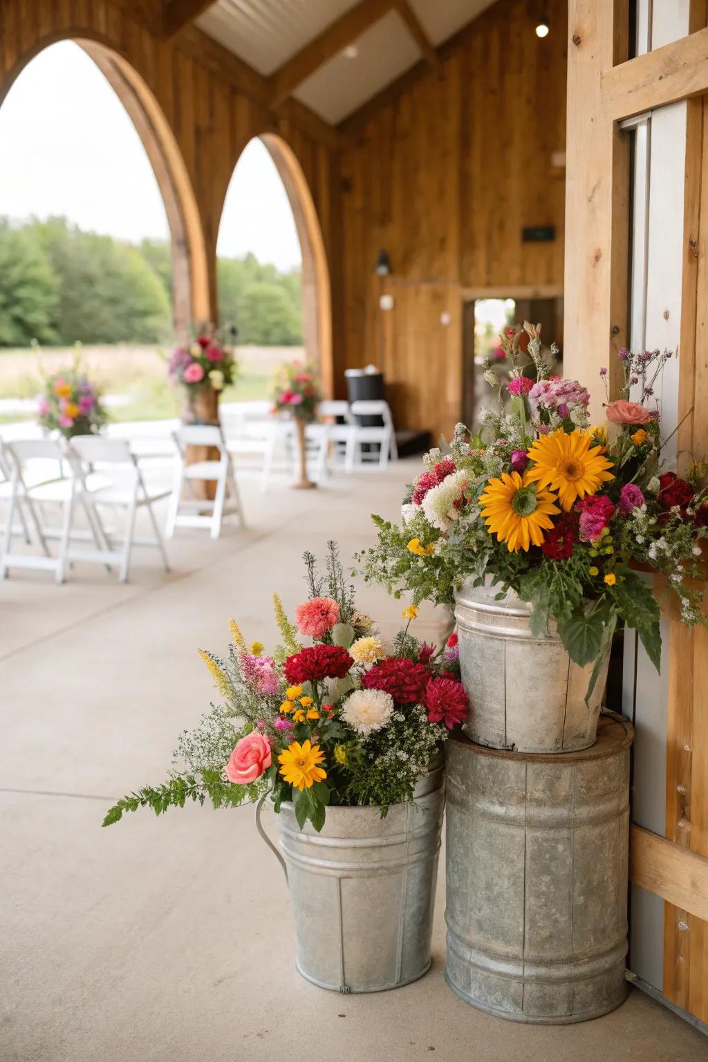 Steel pails filled with blooms introduce a farm-fresh trace.