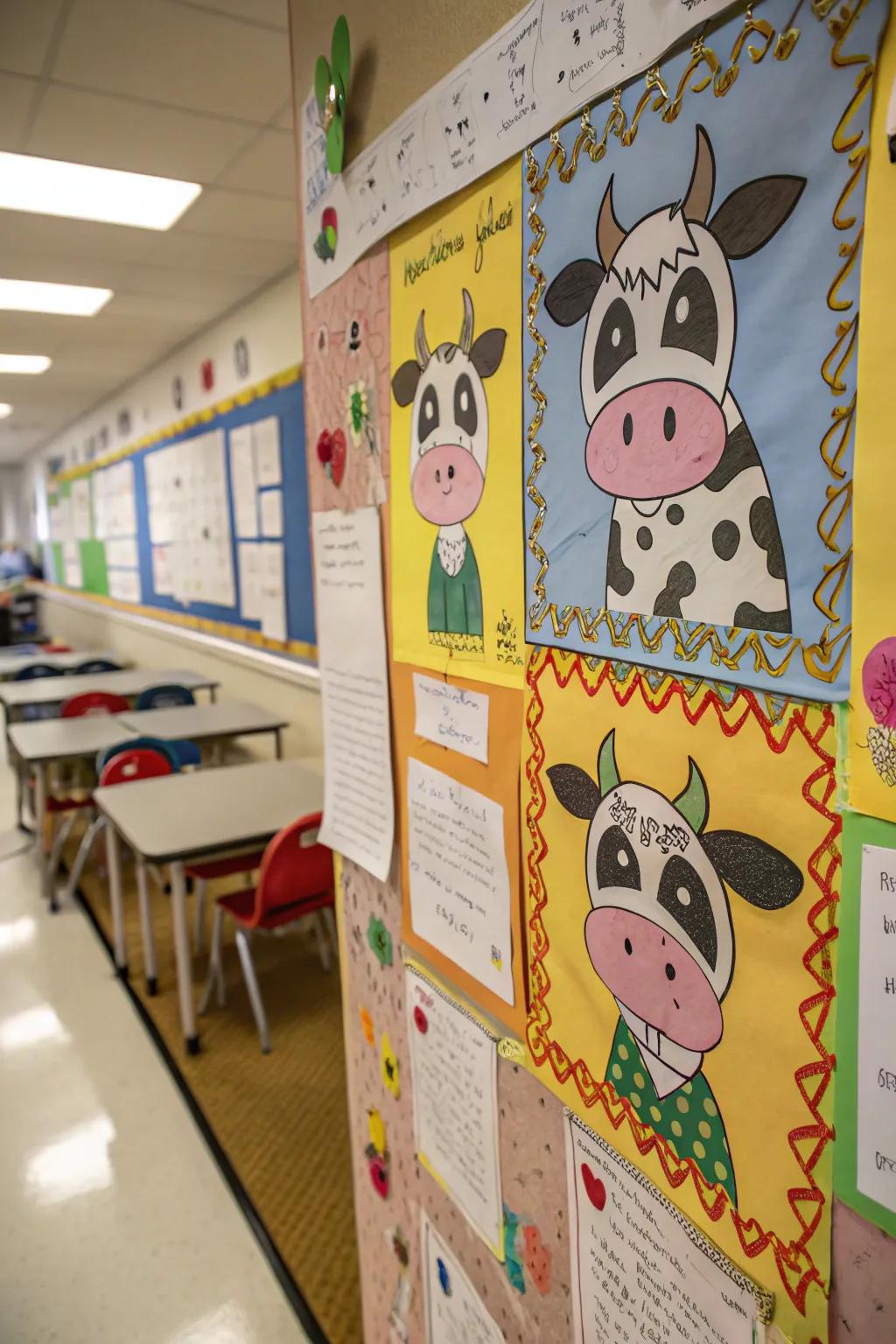 A 'Design Your Own Bull' bulletin board featuring student artwork