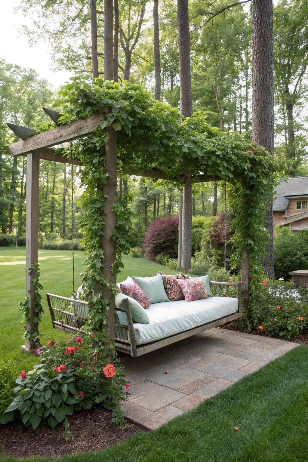 Swinging daybeds provide comfort and fun.
