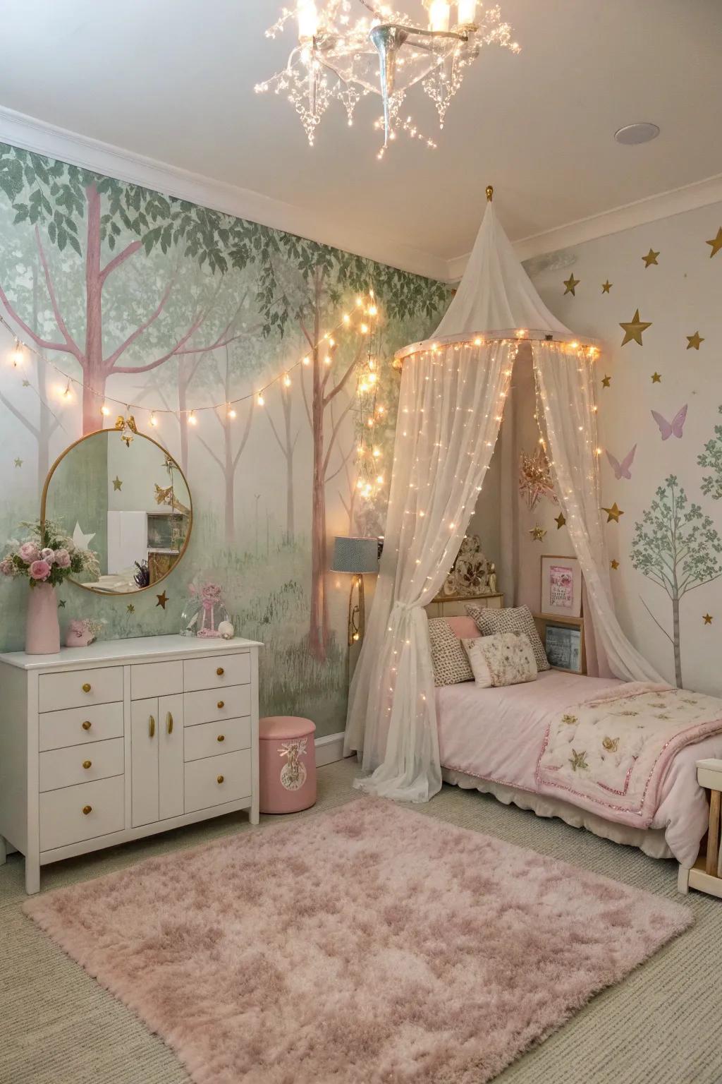 A fairytale-inspired bedroom featuring enchanting elements.