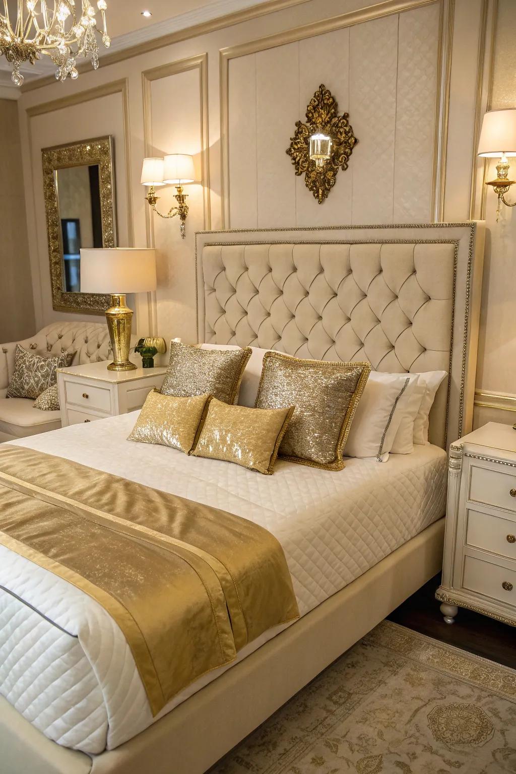 Gilt feature cushions inject a burst of luxury and color to the room.